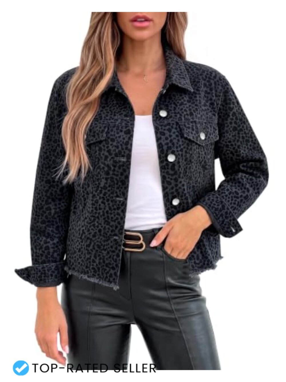 Women's Cropped Leopard Jean Jacket Cheetah Print Frayed Hem Long Sleeve Cotton